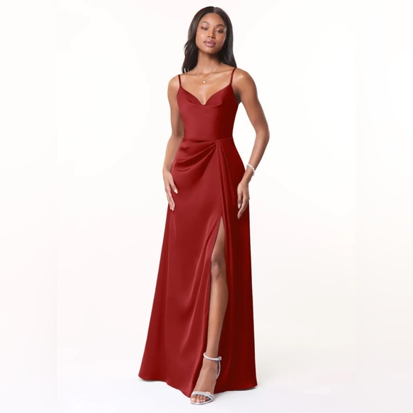 Azazie Dresses & Skirts - AZAZIE BRIELLE Pomegranate A-Line Cowl Spaghetti Straps Stretch Satin Dress